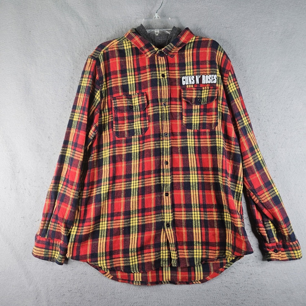 Guns N' Roses Shirt Mens XL Red Plaid Hooded Flannel Button Up Rock Band